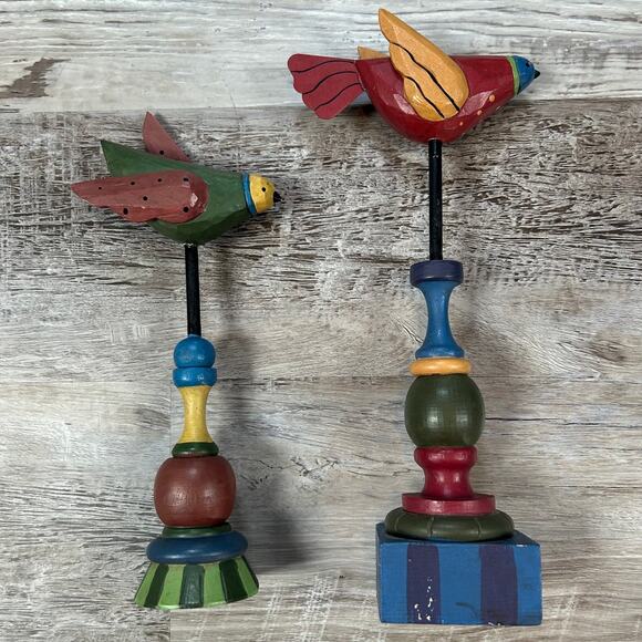 Hand Painted Wooden Folk Art Bird Sculptures – Whimsical Pair 11" & 9" - Picture 1 of 6